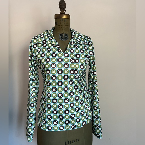 Vintage 70s collared long sleeve top - retro print - Picture 1 of 11